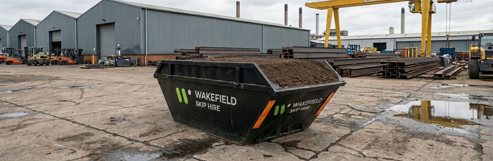 A Wakefield Skip Hire skip loaded with soil at our yard, ready for delivery